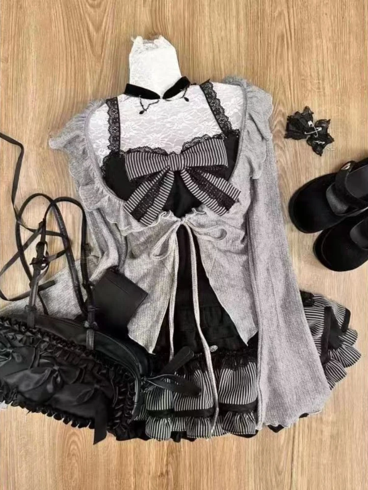 Women Sweet Lolita Lace Up Ruffles Cardigan Sexy Slim Fit Strapless Vest High Waist Ruched Skirts Early Autumn Three Piece Sets