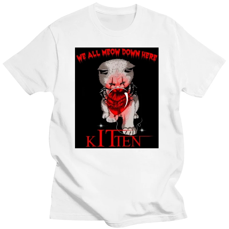 We All Meow Down Here Clown Cat Kitten It Pennywise Parody Black T-Shirt S-3Xl Festive Tee Shirt