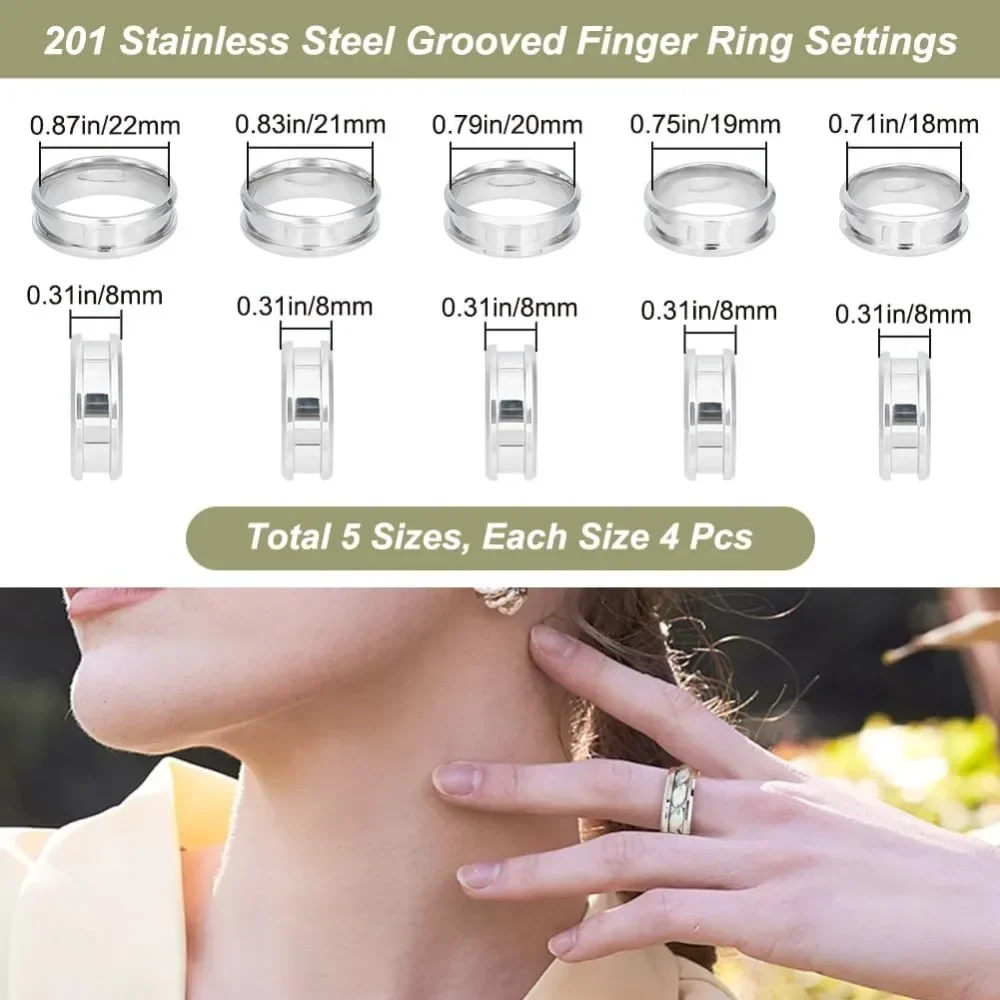 20Pcs 5 Size Grooved Inlay Rings Stainless Steel Wide Round Empty Blank Core Settings for Wedding Ring Jewelry Making Size 18~22