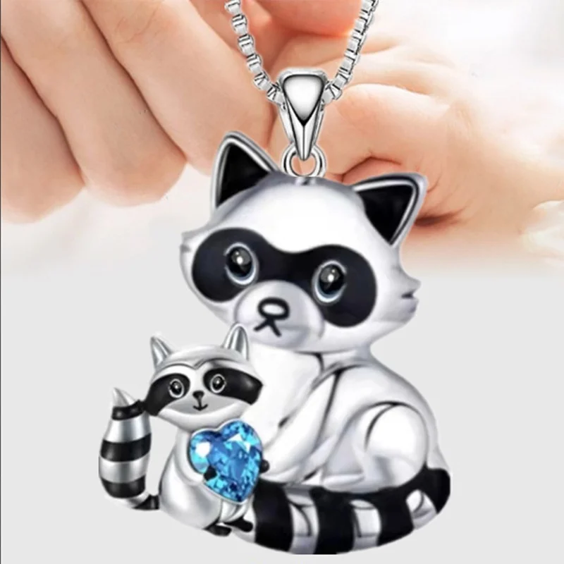 Fashion Mother Child Raccoon Necklace Heart Crystal Pendant Engagement Necklaces for Women Animal Jewelry Party Anniversary Gift