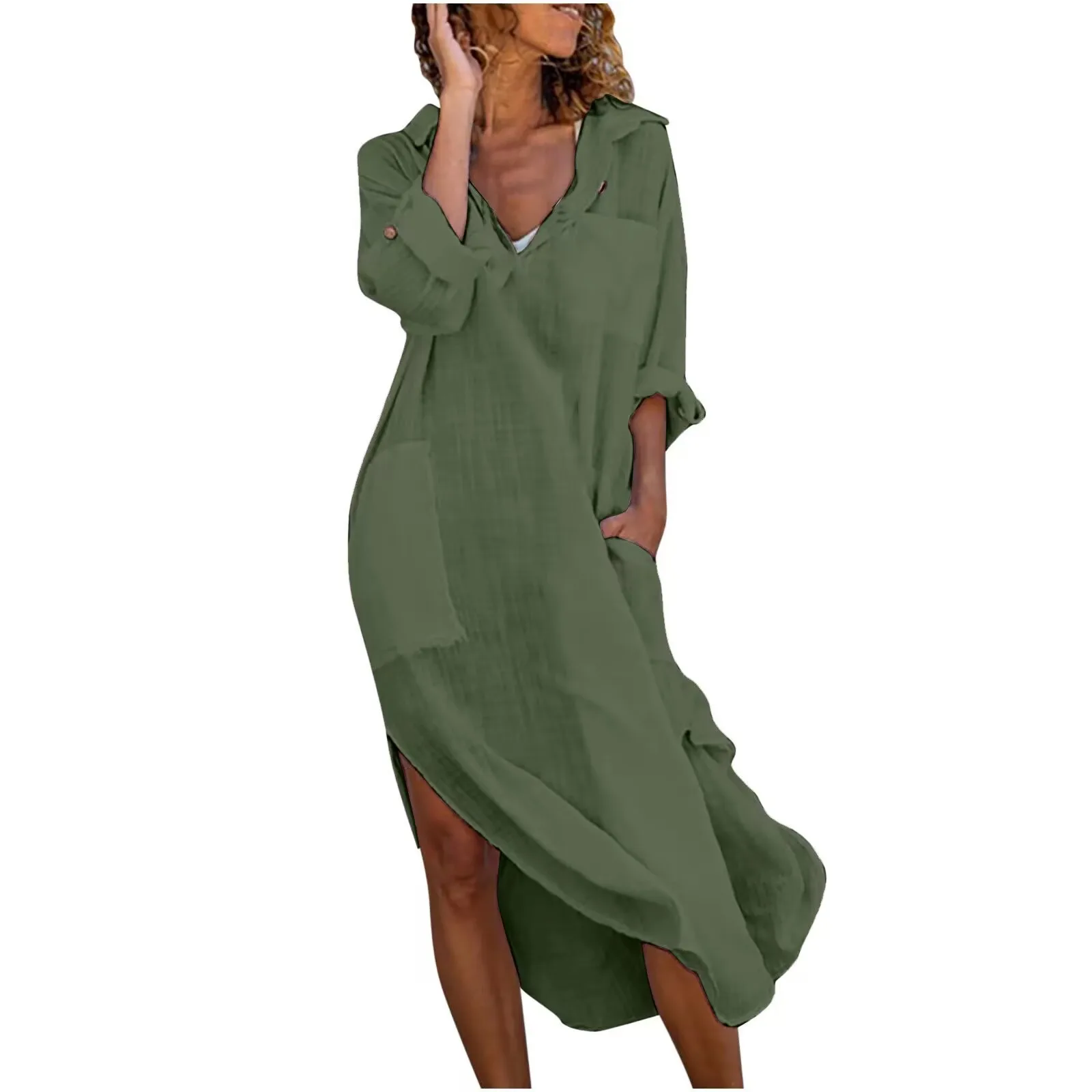 

2024Lapel Single Breasted Split Shirt Maxi Dresses Women Long Sleeve Loose Clothes Robes Summer Streetwear Casual Femme Vestidos