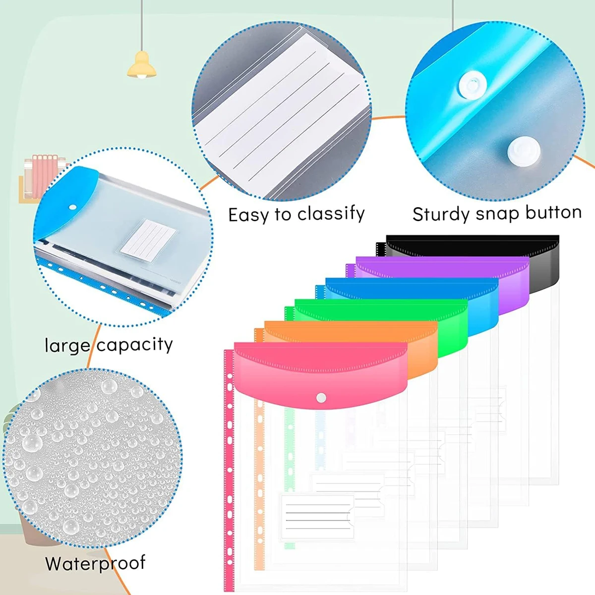 12-Piece File Holder, Binder Dividers with Snaps, Fits 2/3/4/11 Binders, 6 Colors