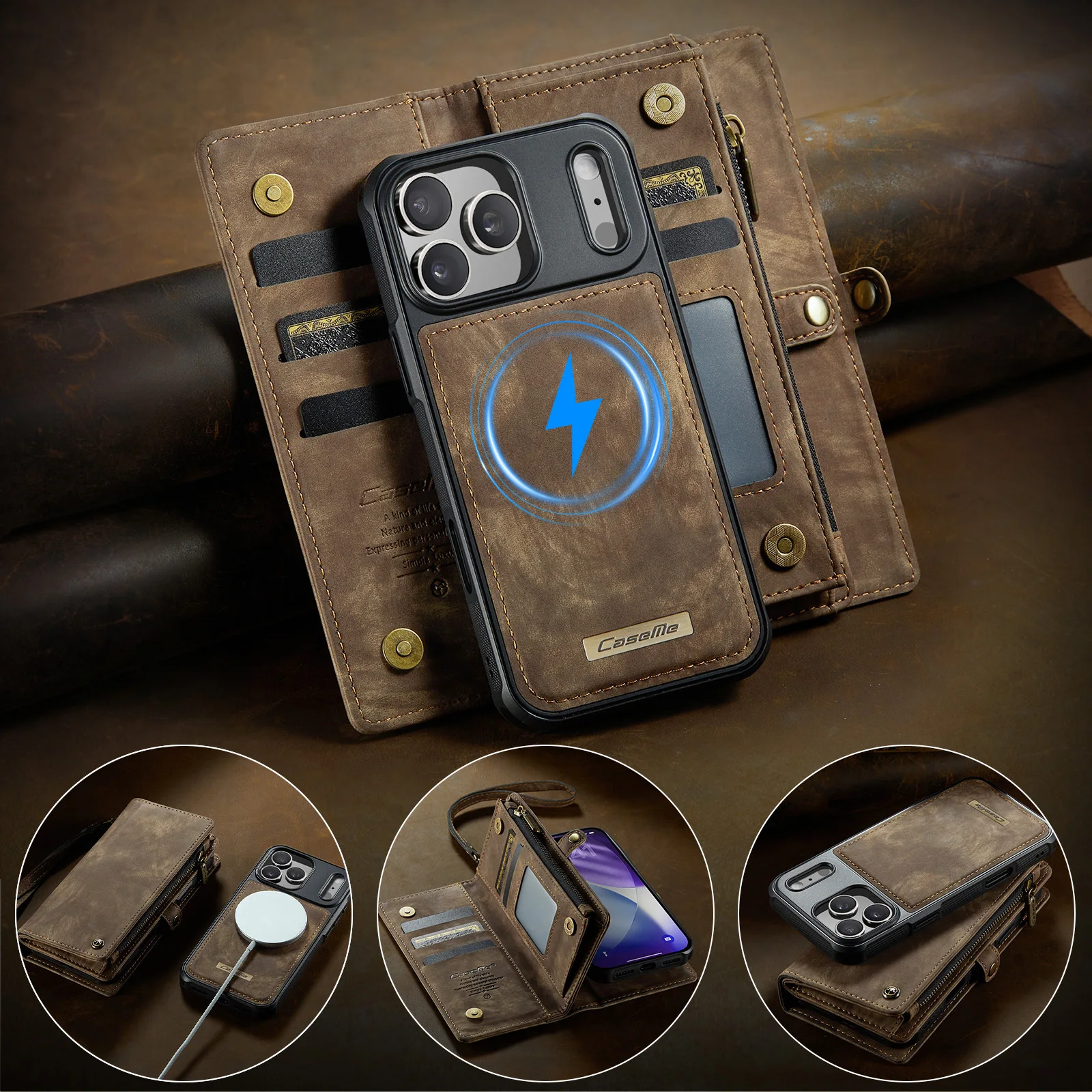 

Caseme-008 For iPhone 17 17Pro 17Promax Wallet Case Zipped Multifunction Strong Adsorption Magnetic Card Pocket Wireless Charge