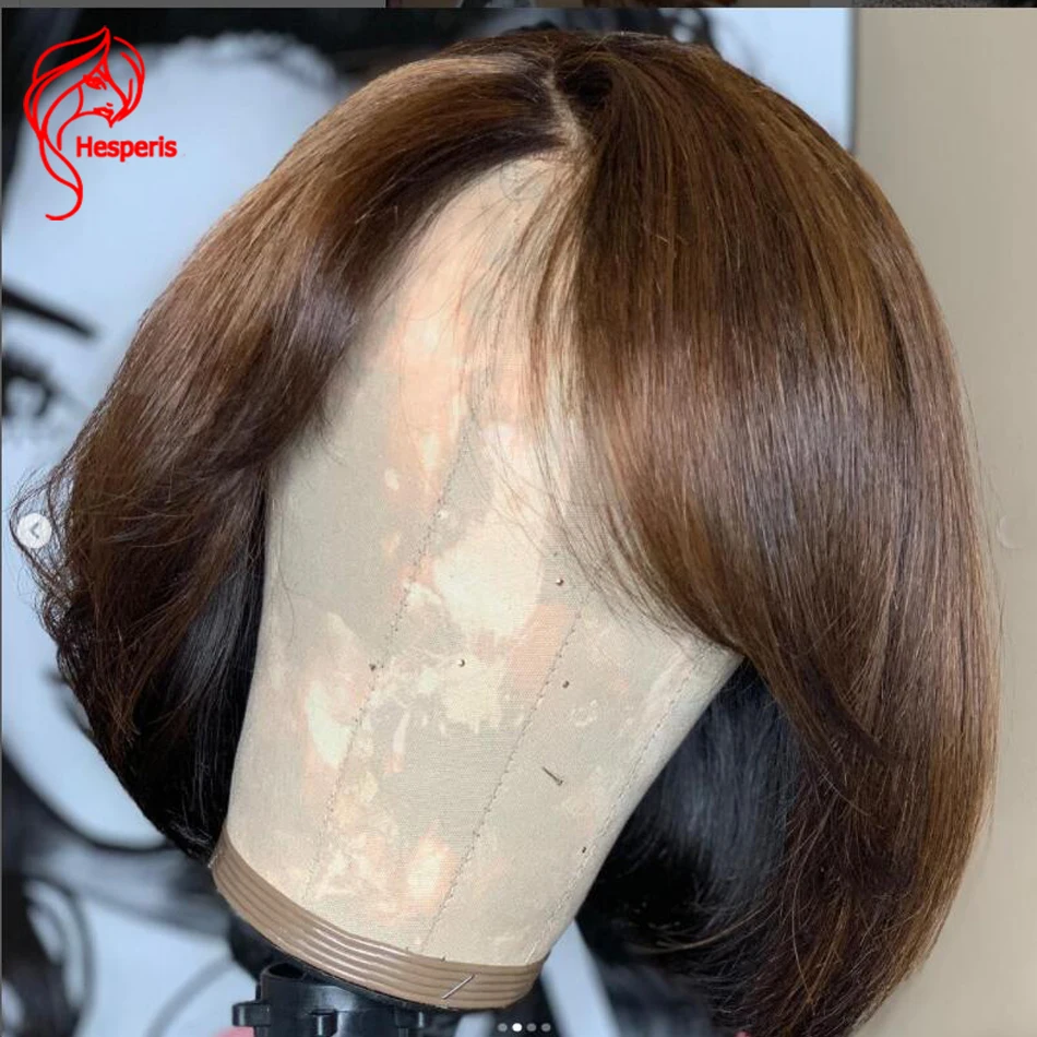 

Hesperis Highlight Lace Front Wigs Human Hair Brazilian Remy Short Bob Cut Wig With Bangs 13x4 Lace Frontal Human Hair Wigs