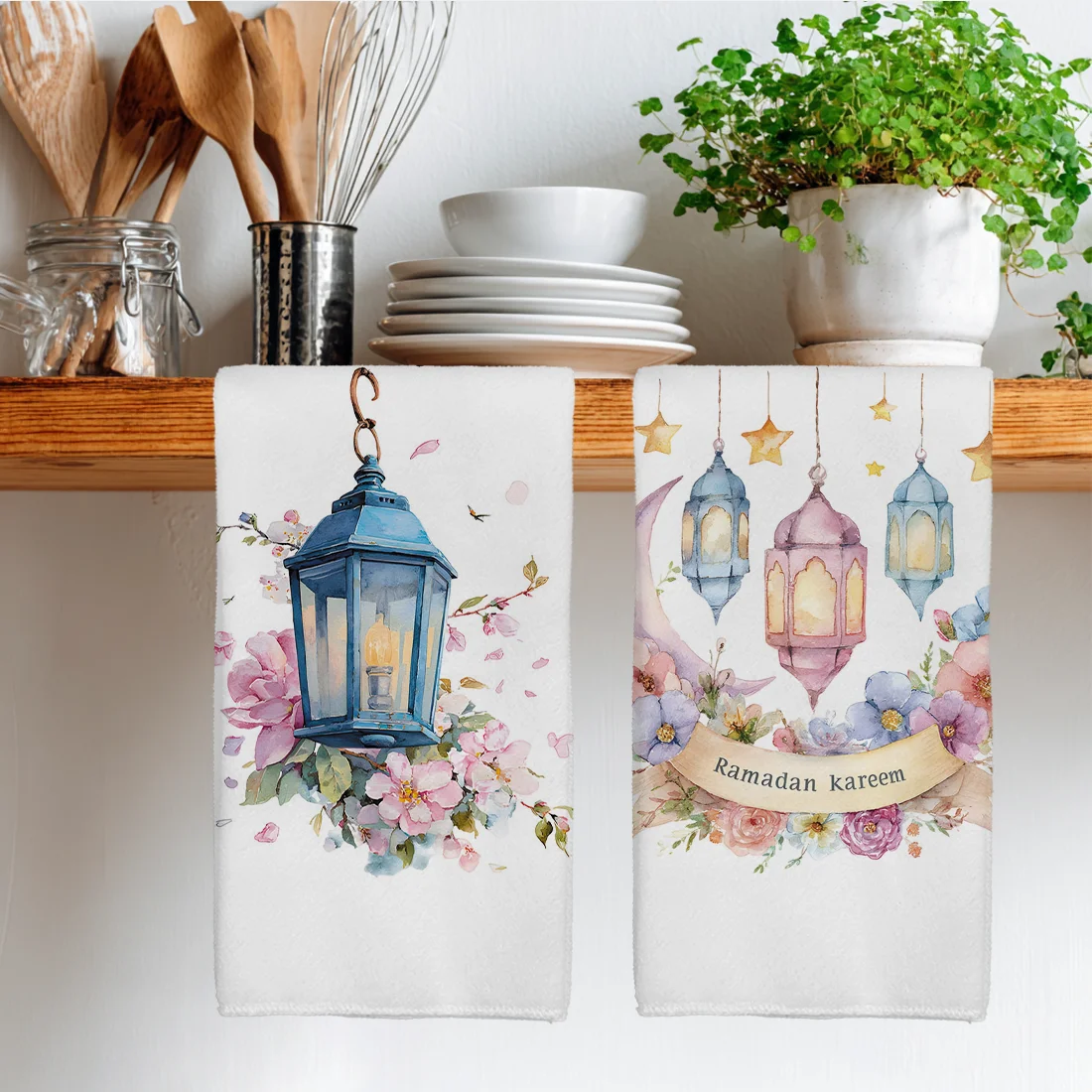 

2PCS Kitchen Towels Dish Ramadan Watercolor Lantern Moon Kitchen Towels Dish Towel Dish Cloths for Kitchen Decor 40x60cm