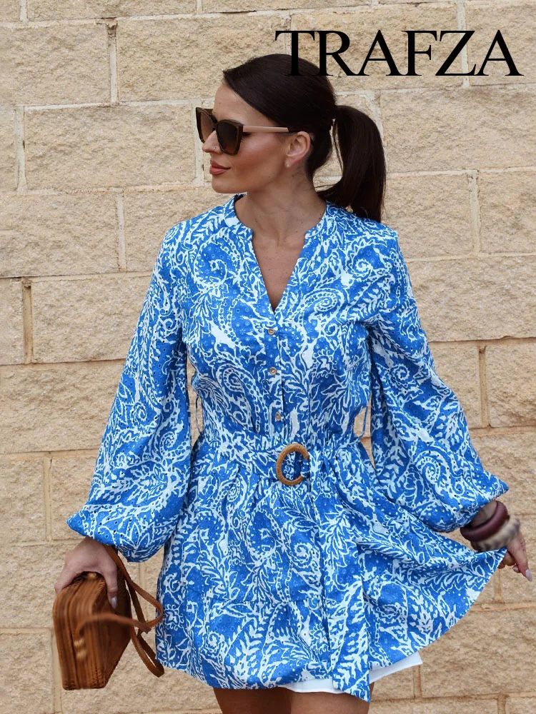 

TRAFZA Women's V-neck Laminated Decoration Single Breasted Long Sleeve Mini Dress Summer Female Chic With Belt Solid Dress