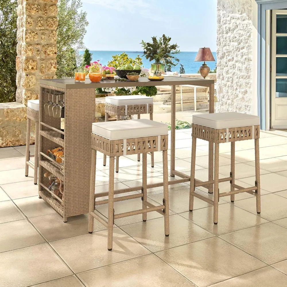 

5 Piece Patio Bar Set, Outdoor High Top Table and Chairs with Wine Glass Holder and Soft Cushions, Outdoor Wicker Furniture