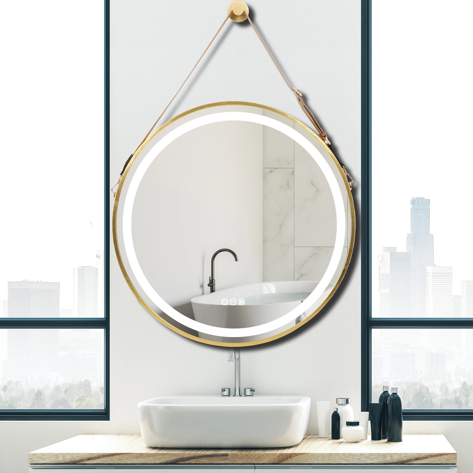 Frame Round Mirror,Round Bathroom Mirror with Light,Wall Mounted Lighted Vanity Mirror, Anti-Fog & Dimmable Touch Switch