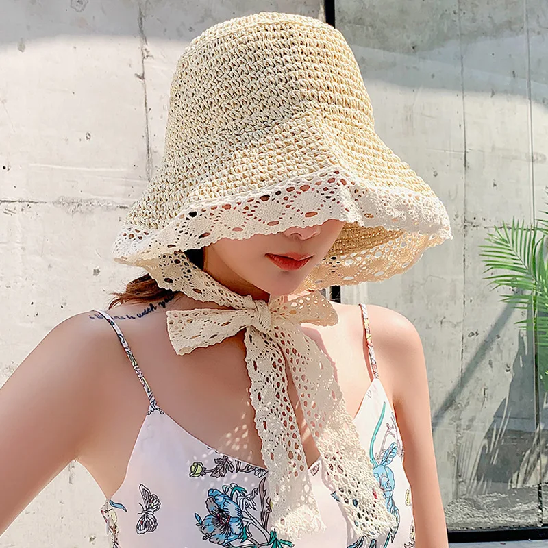 Summer Hats for Women Sun Hat Beach Lace Ribbon Hat Holiday Beach Straw Paper Lady Outdoor Travel Cap Women Bucket Hat Foldable