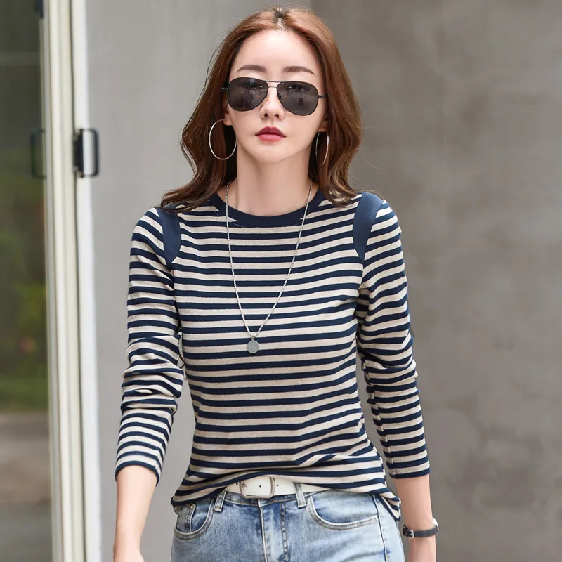 New Women\'s Ladies Long-sleeved Striped T-shirt Spring and Autumn Women\'s Bottoming Shirt Elastic Slim Casual Women\'s T-shirt