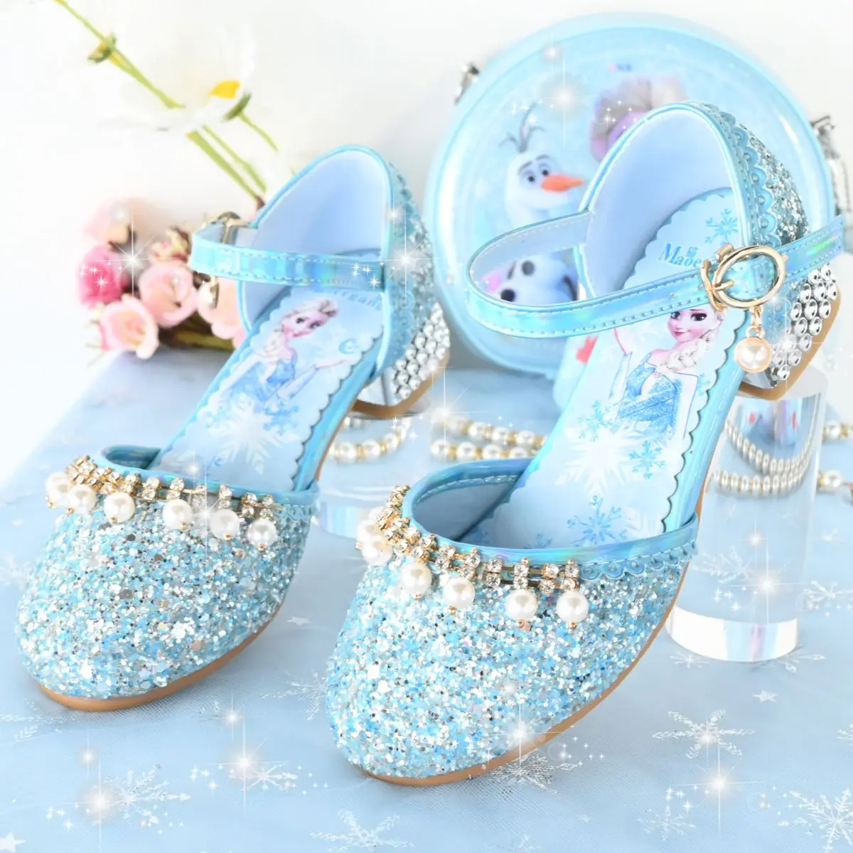 Disney Princess Shoes Girl Elsa Shoes Fashion Frozen Crystal Pearly Girl tacco alto primavera in pelle rosa blu scarpe taglia 23-36