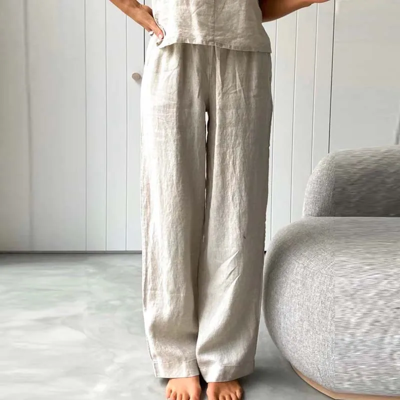 Summer Pajamas Set Women Sexy Home Clothes Sleepwear Tank Top Suit With Long Pants Spring Solid Soft Cotton Linen Female Outfits