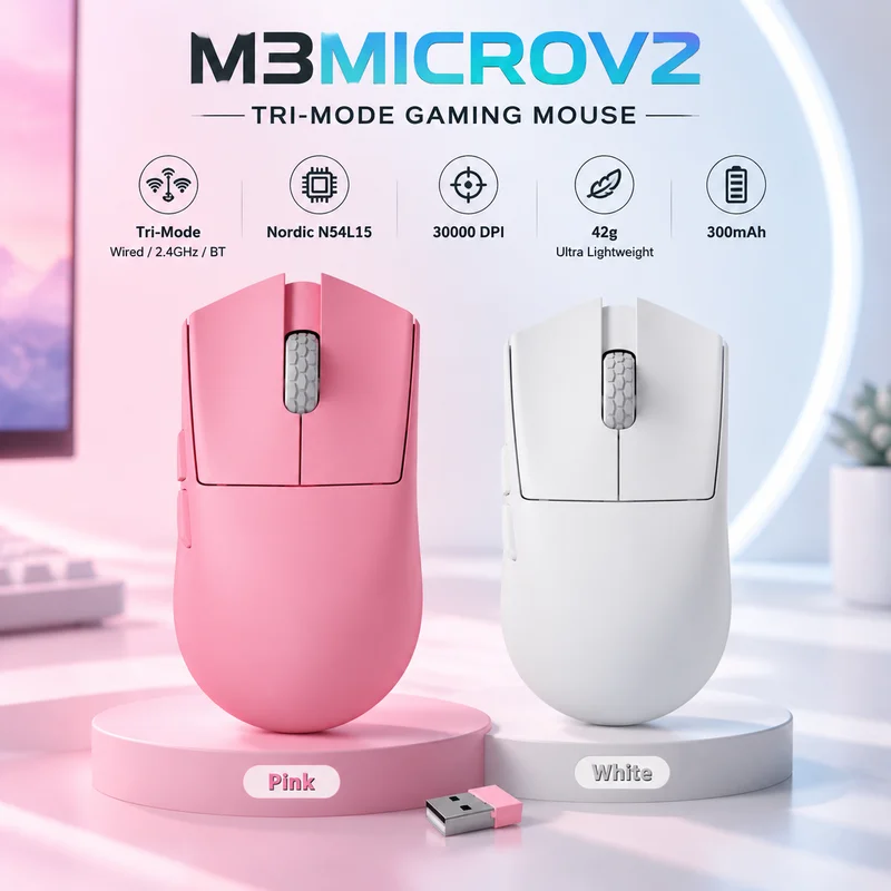 Darmoshark M3MICROV2 Tri-Mode Gaming Mouse,PAW3950 Sensor, 30KDPI,42g Ultra-Light,300mAh,Wired/Wireless Dual 8kHz for PC Gamers