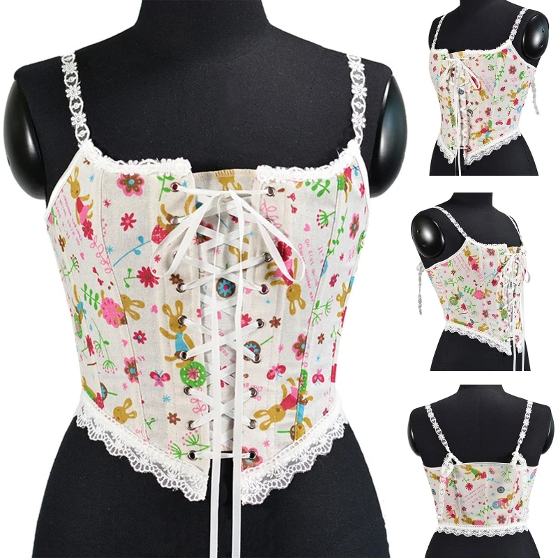 Women Spaghetti Strap Bustier Crop Top Cartoon Bunny Bandage Corset Camis Vest