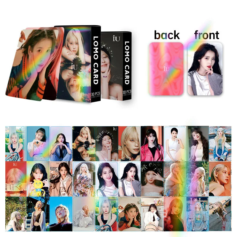 

30Pcs/set Kpop IU LeeJiEun Laser Card Double-sided Postcard Support INS Card Box High Quality PhotoCard Fans Collection Gift Box