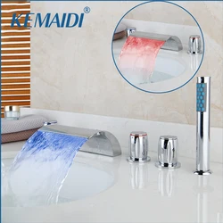 KEMAIDI Bathroom Shower Faucet Set w/ Waterfall Spout Deck Mounted LED Bathtub Faucets Mixer W/Handspray Shower Solid Brass Tap