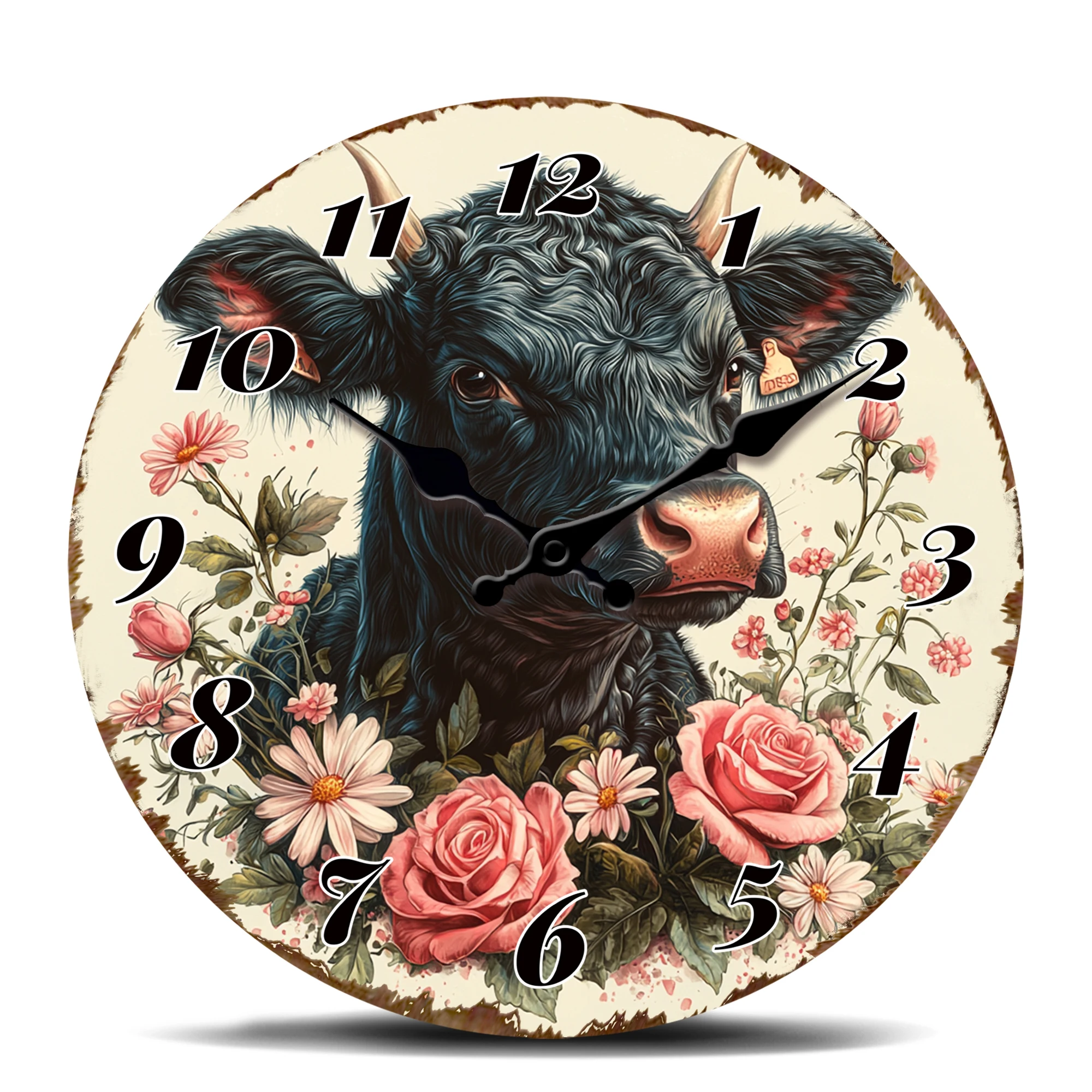Black Cow with Pink Roses Wall Clock, Rustic Floral Animal Round Hang Clock for Farmhouse Decor, Silent Quartz Analog