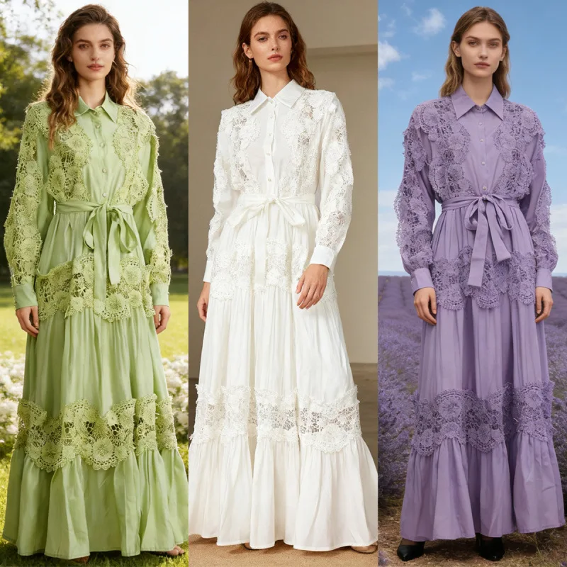 

Briti Sle Свободный крой Растворимый кружевной хлопковый отложной воротник с одной пуговицей Миди Dr Выдолбленный дизайн