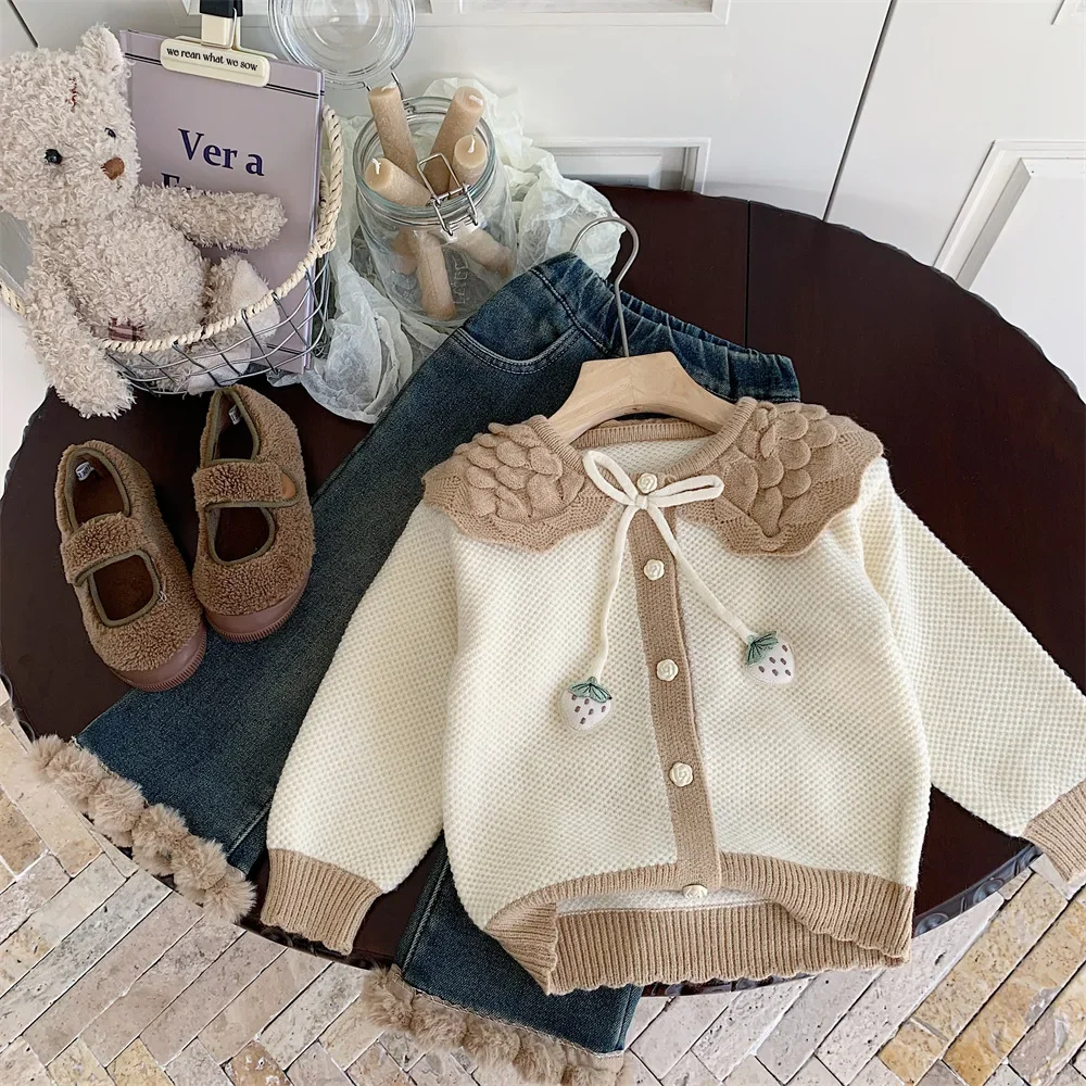 Coat Childrens Clothing Autumn New Children Sweater Loose Knitted Cardigan Baby Flip Collar Woolen Yarn Tops Simple 2024