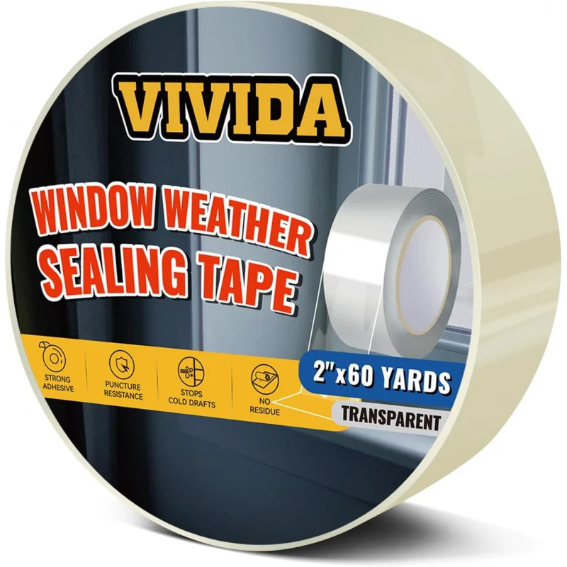 Fita transparente para vedação climática de janela, 2 polegadas x 180 pés (60 jardas) transparente, isolamento e AC