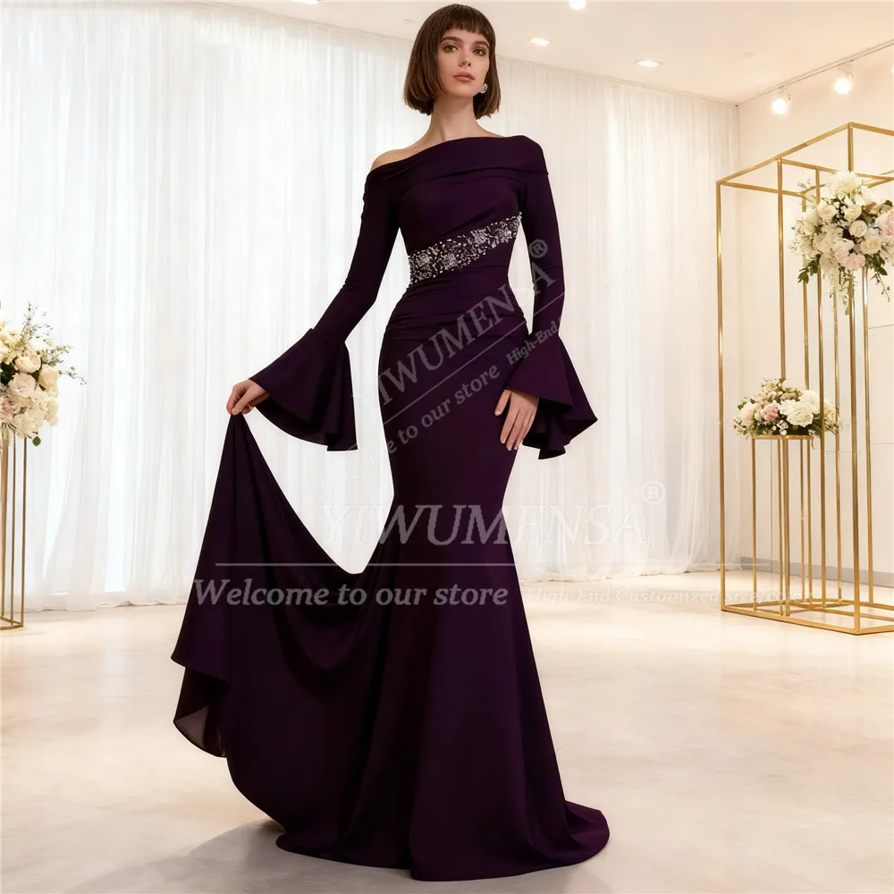 Luxury Crystals Beaded Evening Dresses Off Shoulder Long Sleeves Mermaid Prom Gowns Customized Women Wedding Banquet Attire 2026