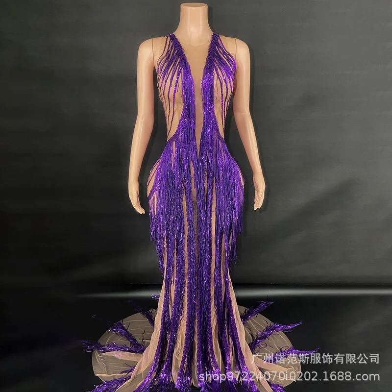 فستان مثير بشراشيب أرجواني لزائدة في يوم رأس السنة الجديدة ملابس أداء المضيف للكبار نموذج المنصة ملابس عصرية تظهر الأزياء #2