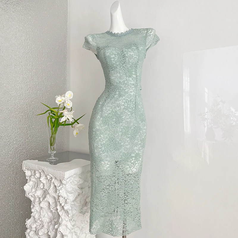 Lace Hollow Out Dress Women with Chest Pad Short Sleeve High Waist Elegant Sexy Midi Dress Office Ladies Bandage Zipper Dresses