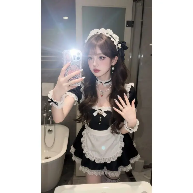

Cute Maid Uniform Style Sweet Girl's Dress Puffy Sleeve Tulle Skirt with Bow Design Mid-Thick Summer Fashion Set for Women