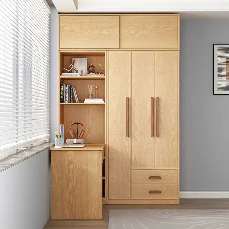 Solid Wood Corner Desk And Wardrobe Combo, Kids Oak Study Computer Desk With Storage And Ergonomic Design