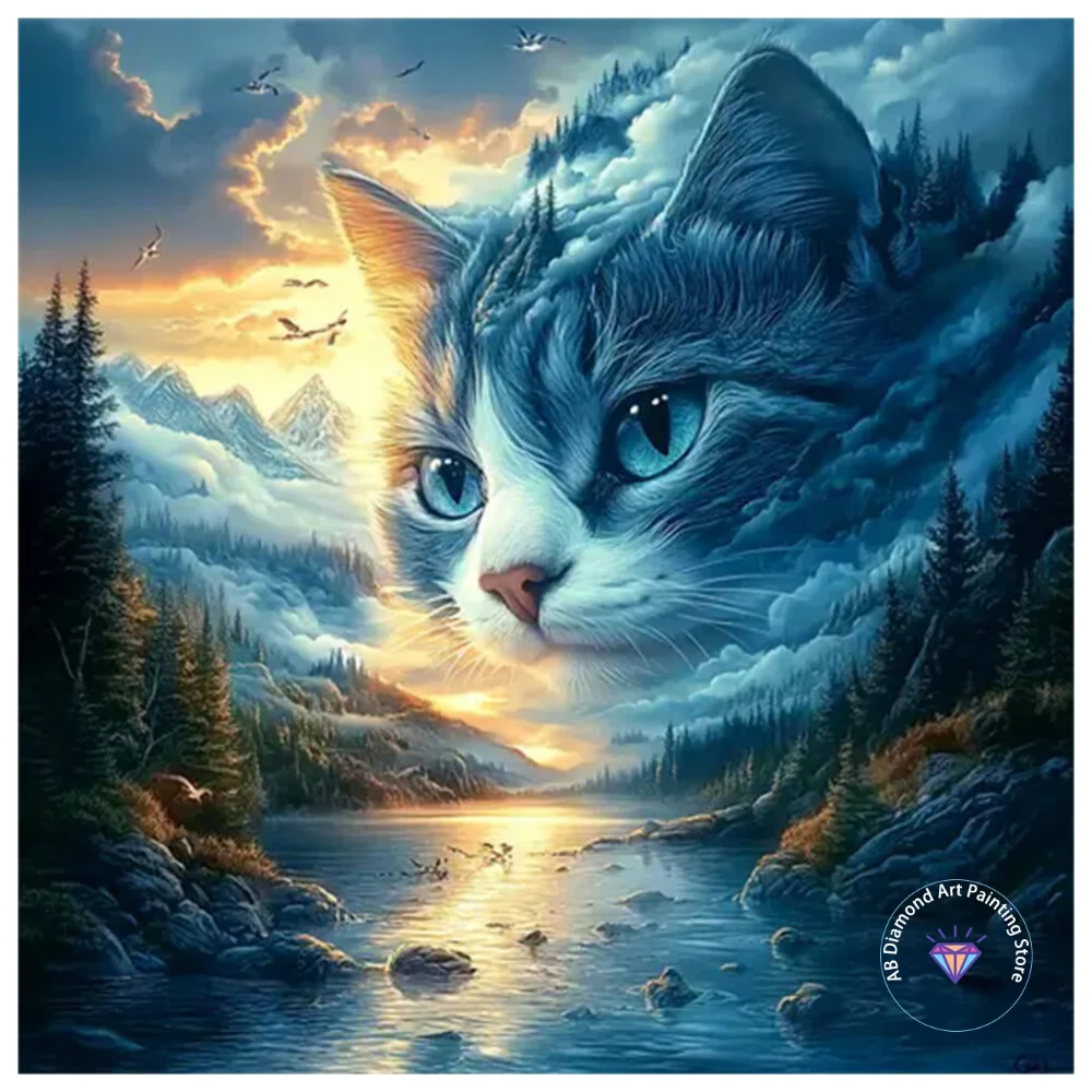 

Cat Animal Cartoon AB Diamond Painting Kit Square Round Diamond 5D DIY River View Mosaic Handmade Art Adult Gift Home Decor