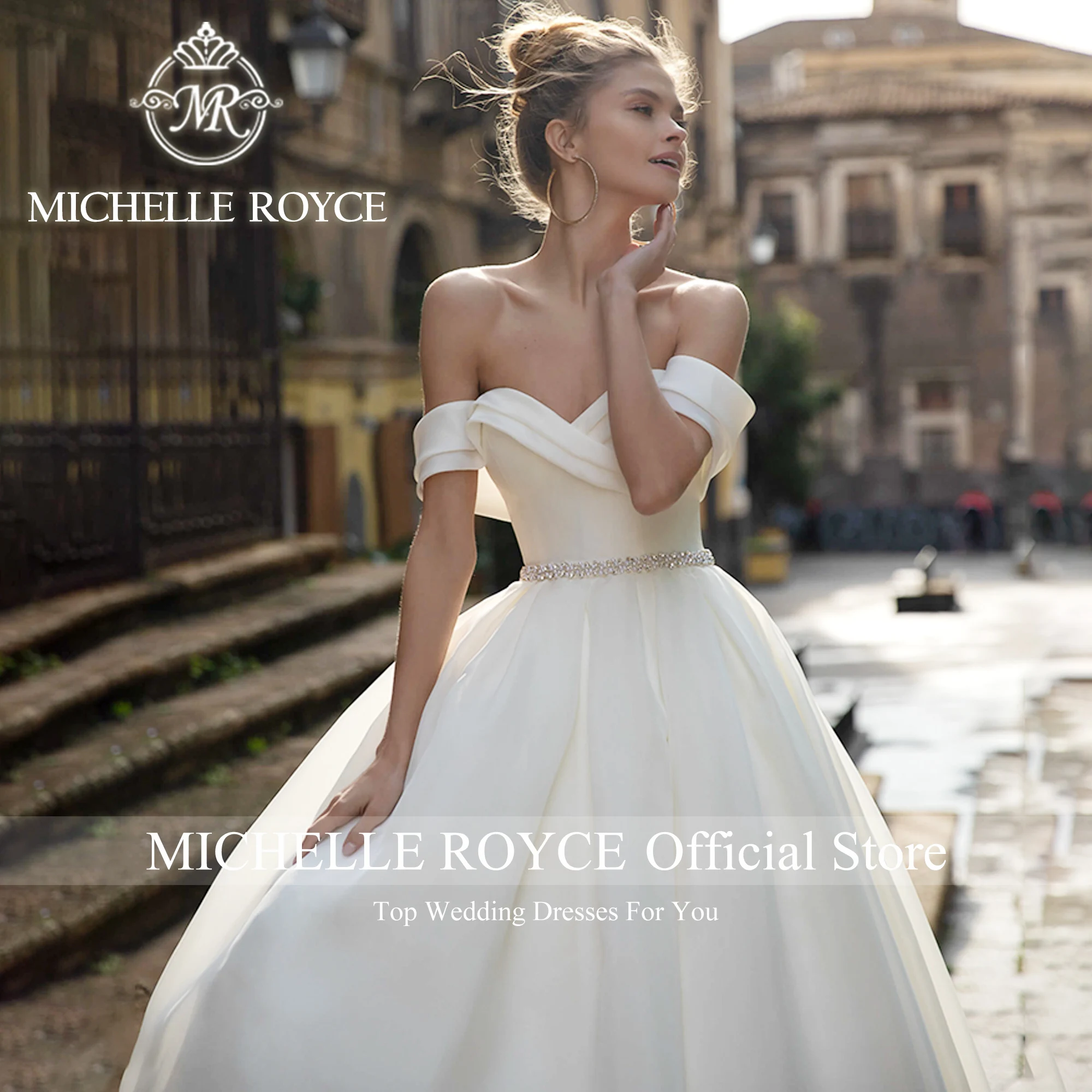 Michelle Royce-vestido De boda sin hombros para mujer, traje De Organza con cinturón, escote Corazón, 2024