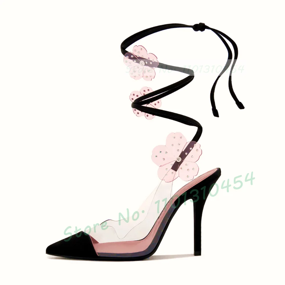 

PVC Flower Lace-up Sandals With High Heels Women Sweet Luxury Black Pointy Shoes Summer Elegant Party Cross Tied Clear Pumps