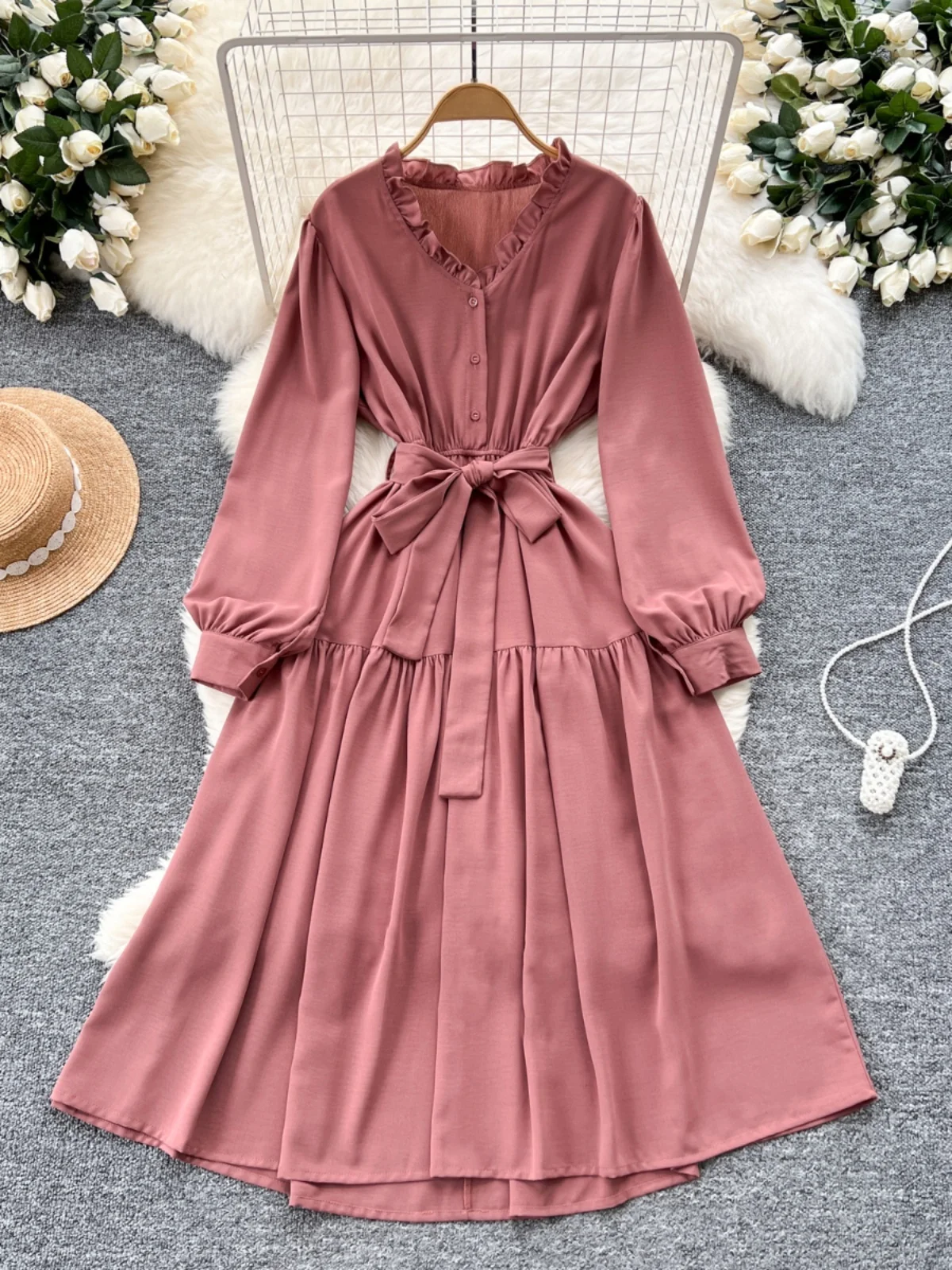 

Elegant V-Neck Long Sleeve Ruffle Hem A-Line Dress Women Slimming High Waist Gentle Wind Wooden Ear Bells Korean Style Dress