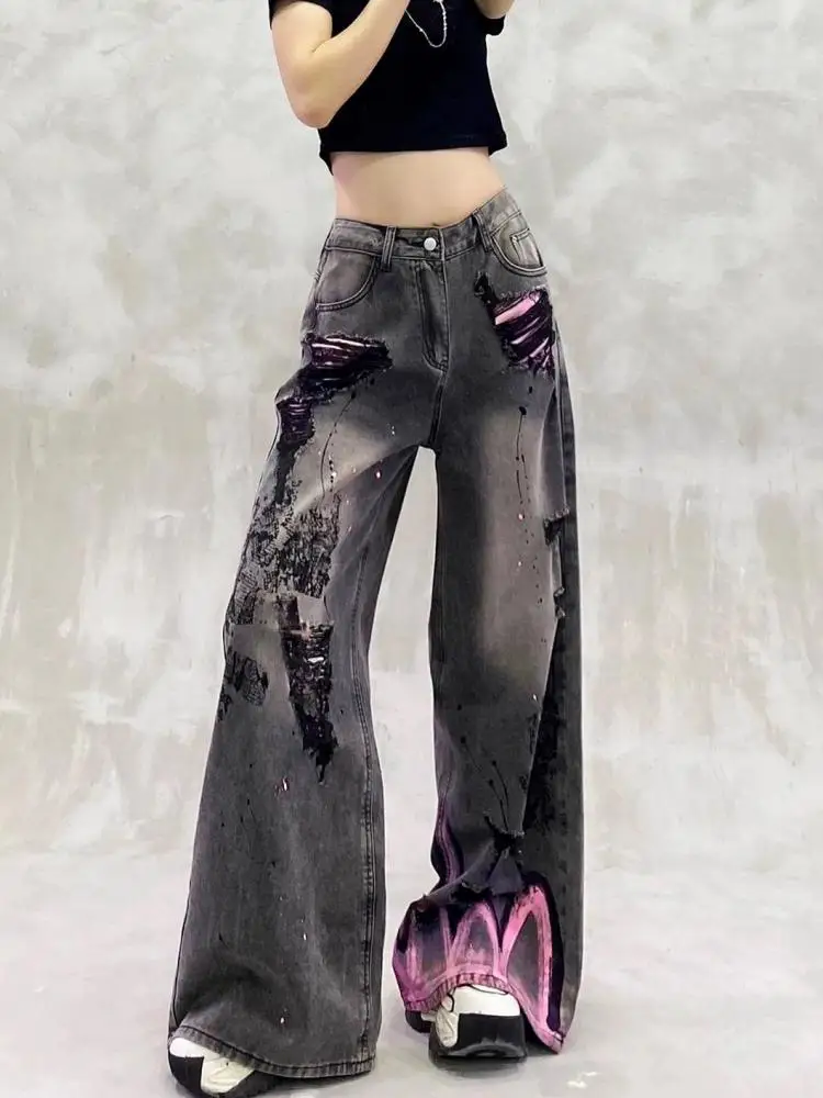 

Summer Retro Black Grey Denim Wide Leg Long Pant Women Korean Elegant High Waist Jeans Straight Trousers Fashion Streetwear Chic