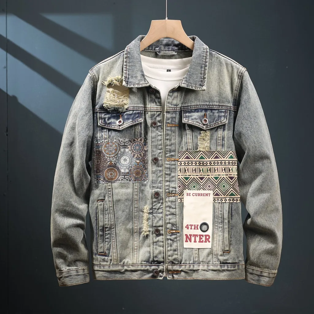 Men's High Street Vintage Ripped Jeans Jacket Fashion Streetwear Distressed Denim Coat With Patchwork Retro Cargo Outerwear