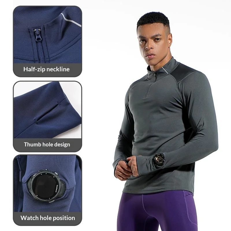 Men's Finger Hole Design Fall Winter Compression Shirt Half Zip High Neck Quick Dry High Stretch Running Gym Training Sport Top view 3