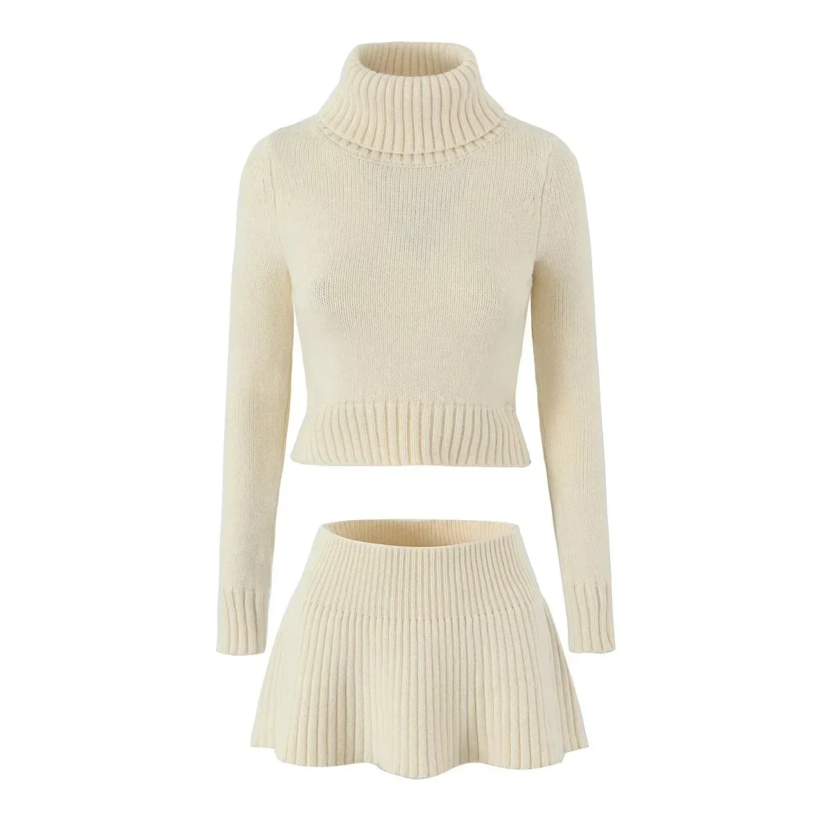 

Knitted Sweater Mini Skirt 2 Piece Set Women Flapped High Neck Long Sleeve Top A-Line Short Skirt Set Autumn Streetwear