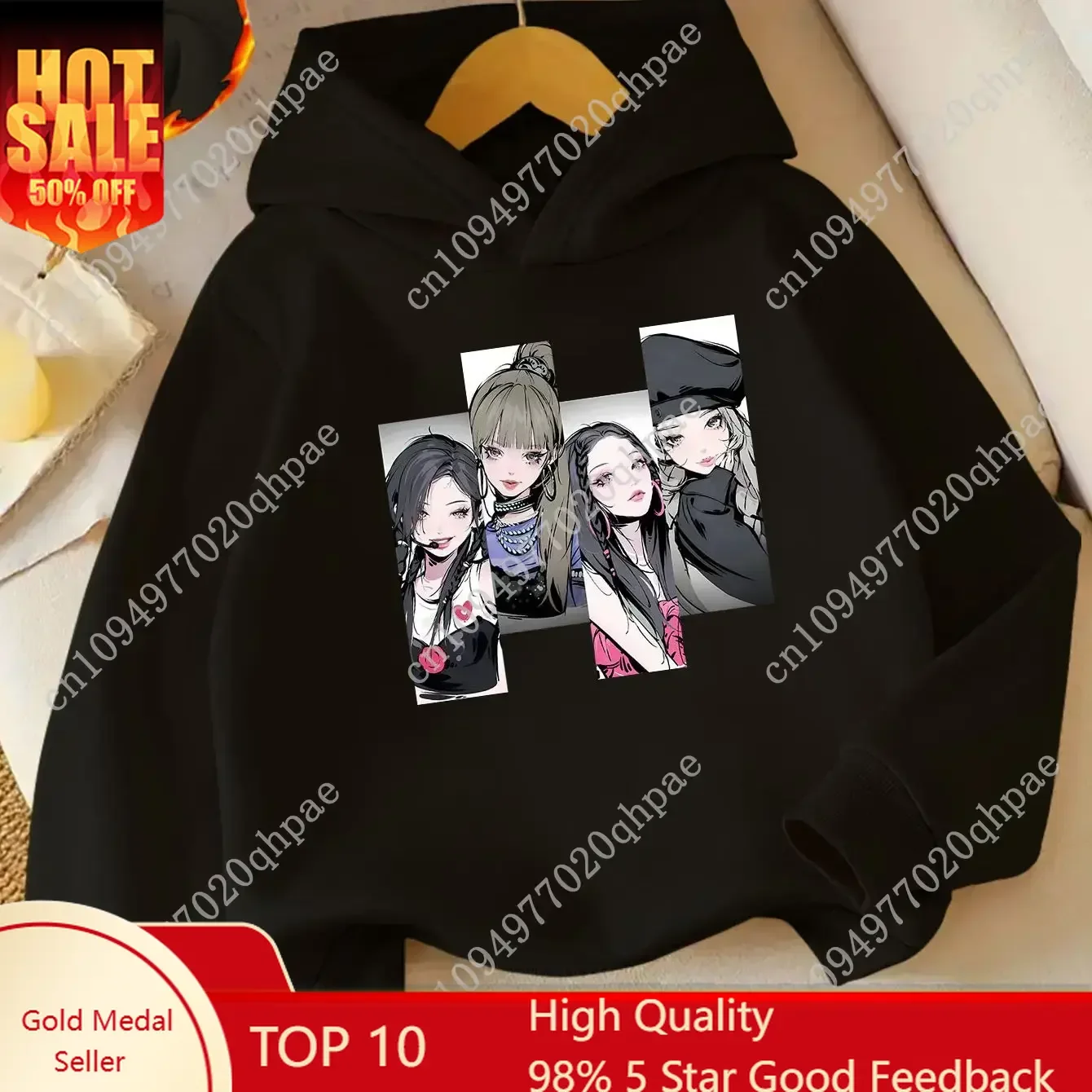 

Girls' Kpop Christmas Hoodie - Black with Pink Lettering, Long Sleeve Pullover Sweatshirt for Ages 6-12