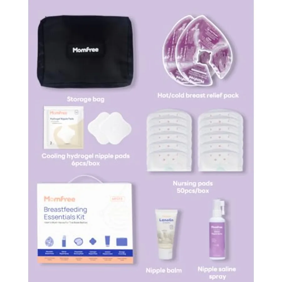 Breastfeeding Essentials Kit for Nursing Moms Nipple Relief, 60 Piece Gift Set with Reusable Hot and Cold Breast Therapy Packs/