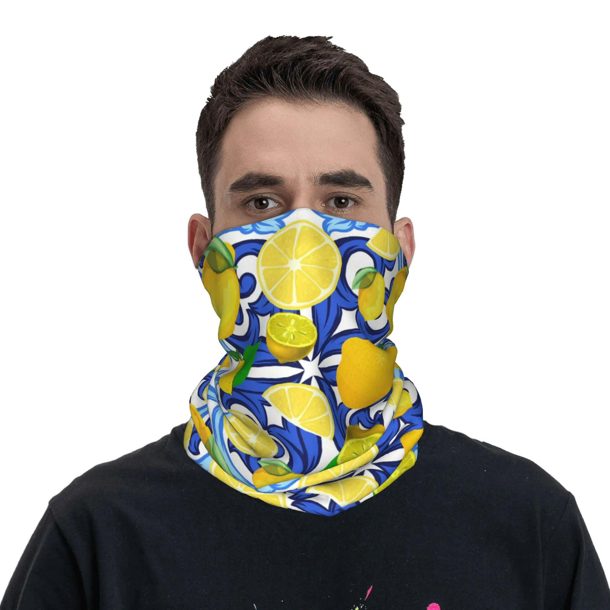 Pañuelo para el cuello estilo bandana italiano con estampado de limón sobre azul y blanco, máscara, bufanda, balaclava, para senderismo y pesca, para hombres y mujeres