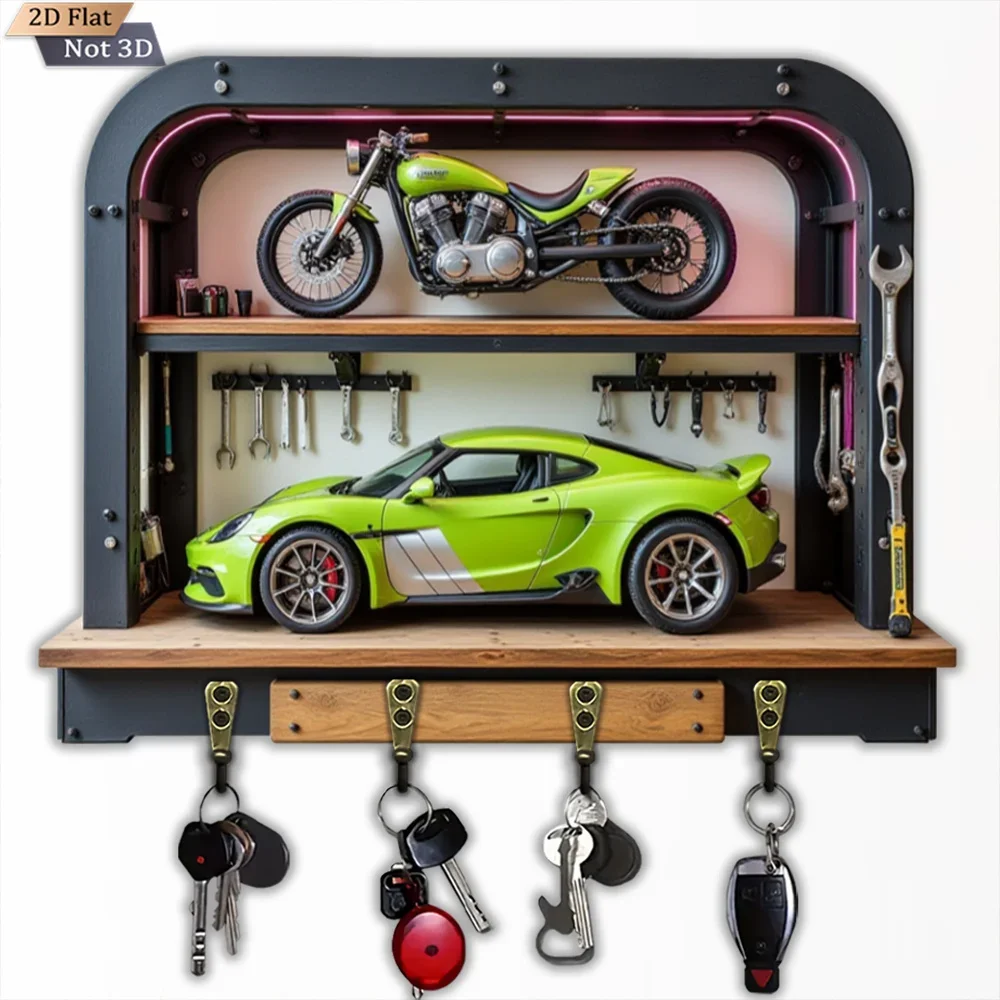 2D Industrial-Style Key Hook for Wall, Single Unit, Wooden Multifunctional Home Key Holder with Four Metal Hooks, Suitable for