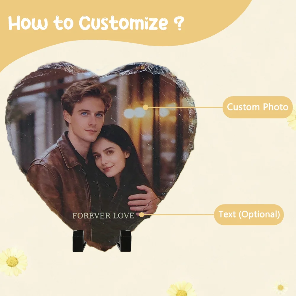 Custom Heart Photo Slate, Personalized Engraved Stone W/ Photo& Text, Unique Rock Picture Frame for Anniversary Gift Home Decor