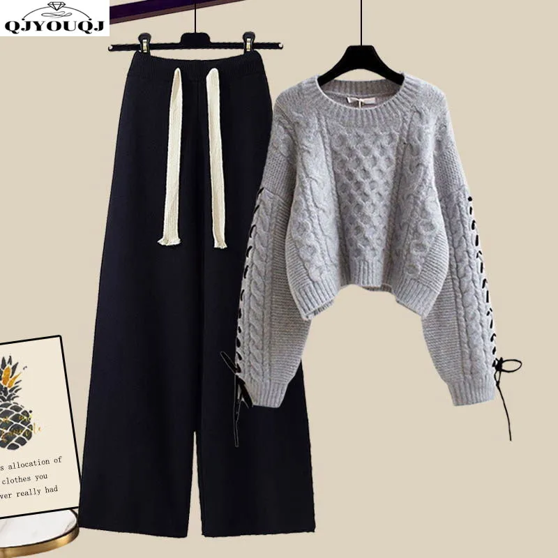 Herfst En Winter Dames Set Gebreide Trui + Casual Wijde Pijpen Modieuze Slim Fit Tweedelige Set Trendy