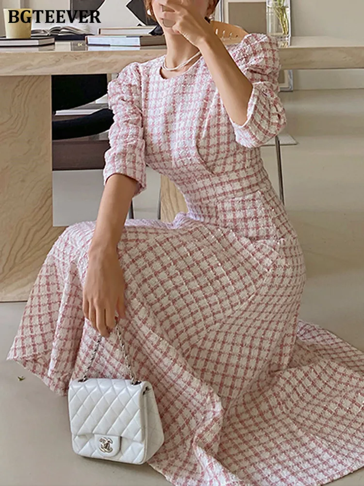 BGTEEVER Elegant Puff Sleeve Women A-line Dress Spring Summer Slim Waist Female Plaid Dress Chic Mid-length Ladies vestidos