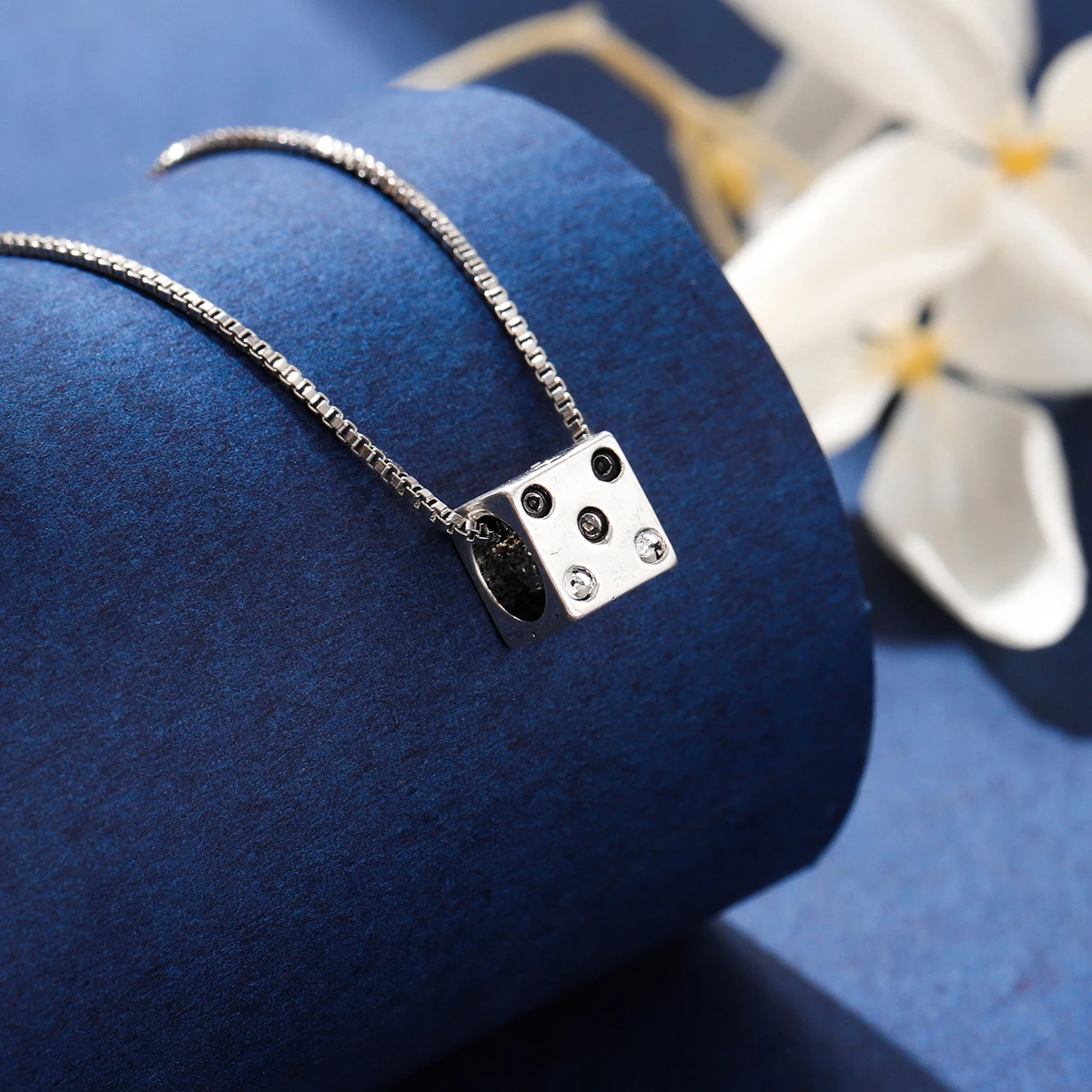 Dice Retro Geometric Cube 925 Sterling Silver Clavicle Chain Pendant Necklaces