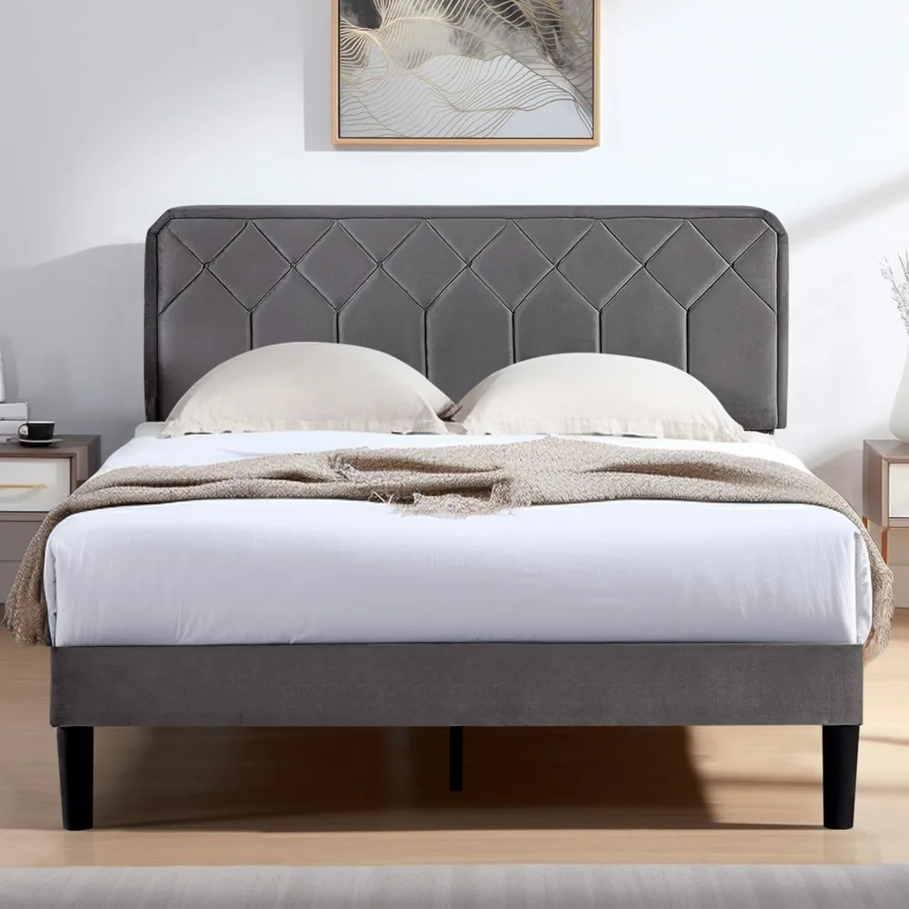 

Full Size Bed Frame Premium Velvet Upholstered Platform with Height Adjustable Headboard/Mattress Foundation, Solid Woode