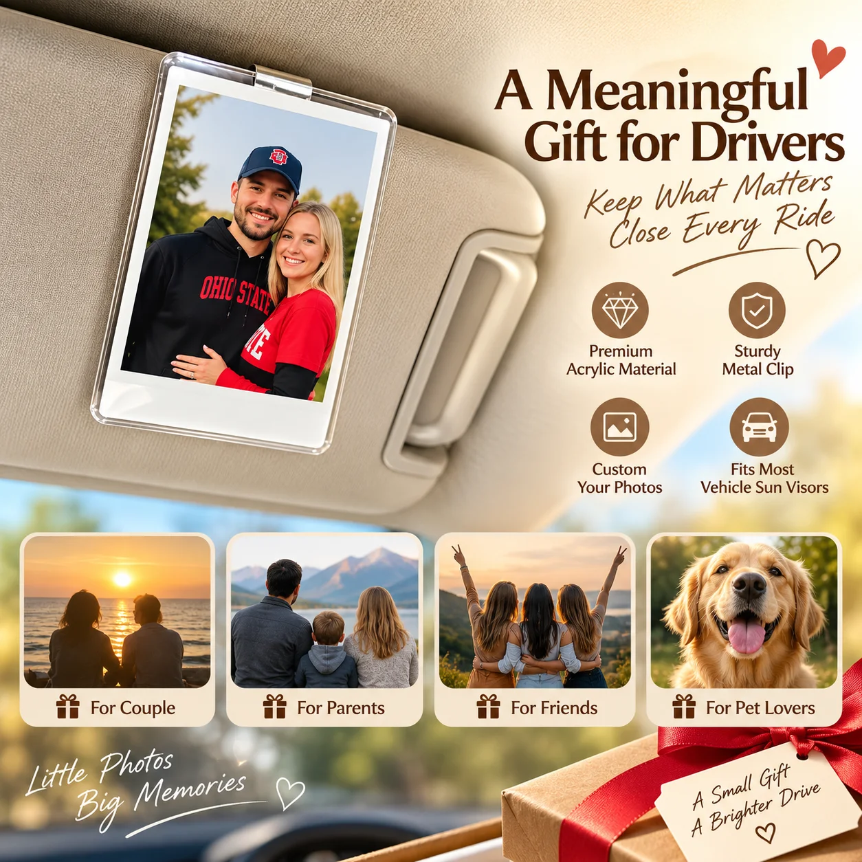 1PC Personalized Car Sun Visor Photo Clip Custom Acrylic Photo Frame 2D Flat Car Interior Decoration Gift for Couples Pet Lovers