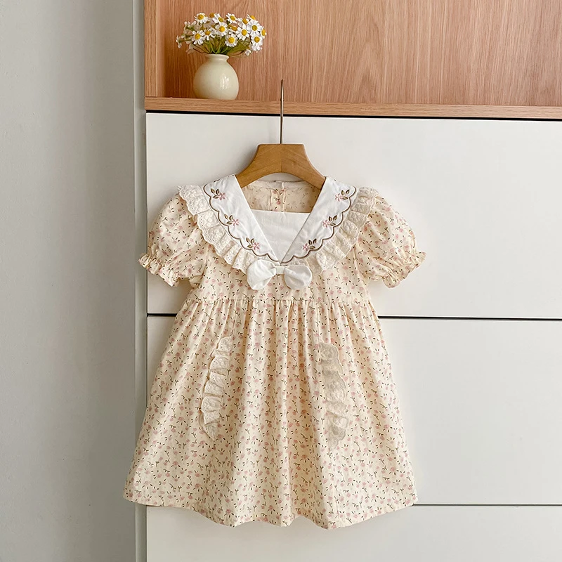 2026 Summer New  Girls Dress 2-6Yrs Style Girls Bow Floral Short Sleeved Stylish Girls Dress Princess Dress Children Clothing