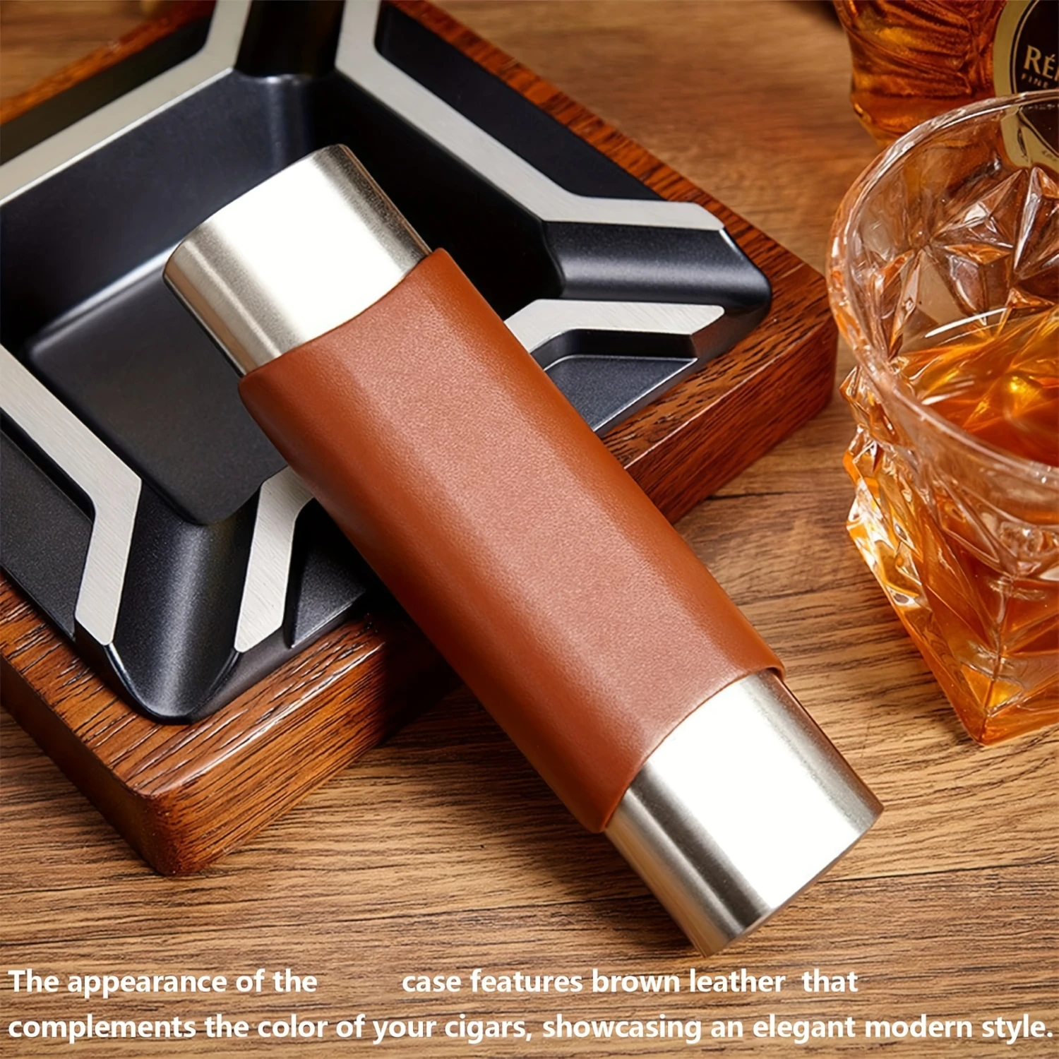 Luxurious Brown Leather Stainless Steel Cigar Case - Dual Finger Design - High-Quality Humidor