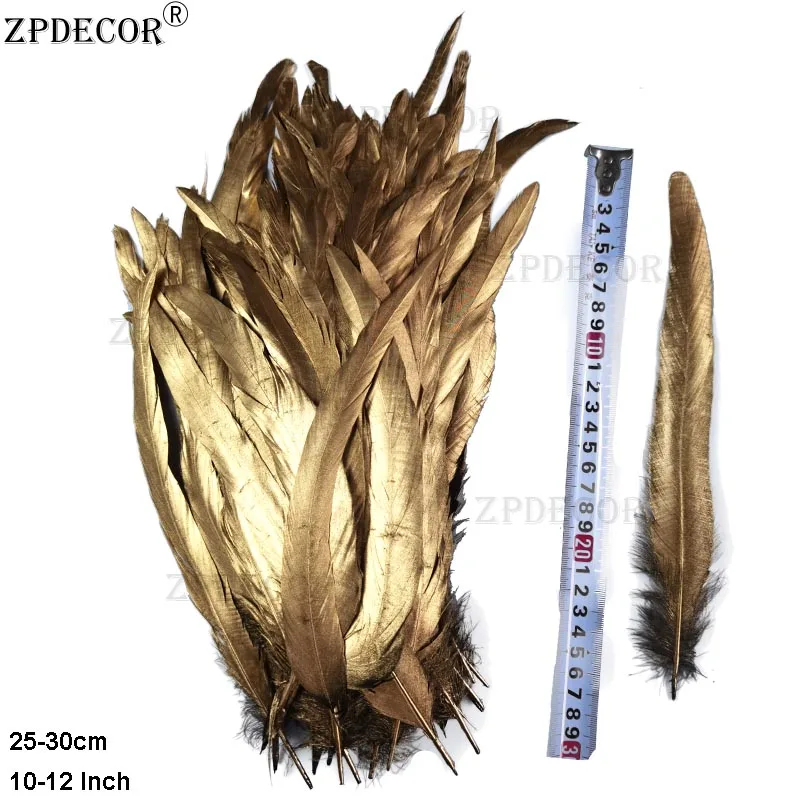 ZPDECOR Surface Gold Sprayed Rooster Feathers 25-30cm/10-12 Inch for Crafts Weddings Carnival Decorations Chicken Plumes